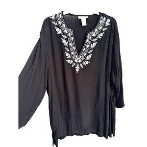 C D Daniels Embroidered Tunic Top Blouse Black Womens 2X Crinkle Rayon